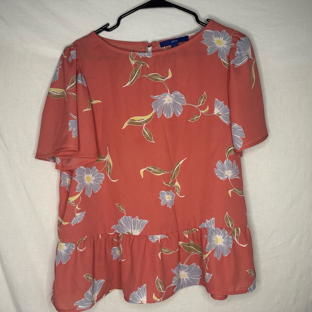 Apt. 9 Modest Peplum Blouse (Coral w/ Blue & Green‎ Floral) Size M